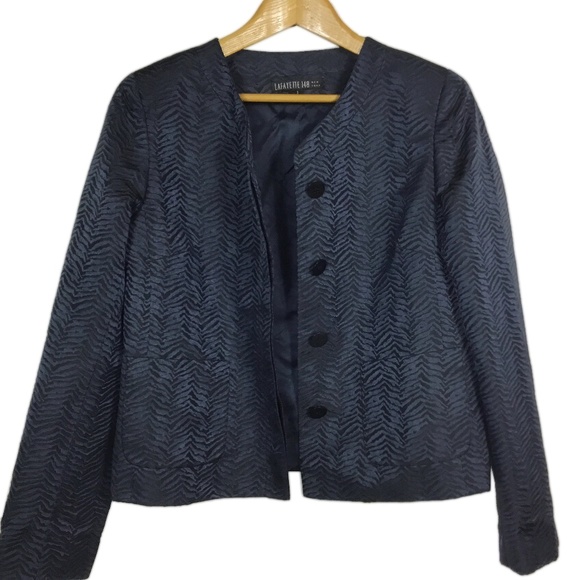Lafayette 148 Blue Silk Blend Textured Crop Jacket - Picture 1 of 8